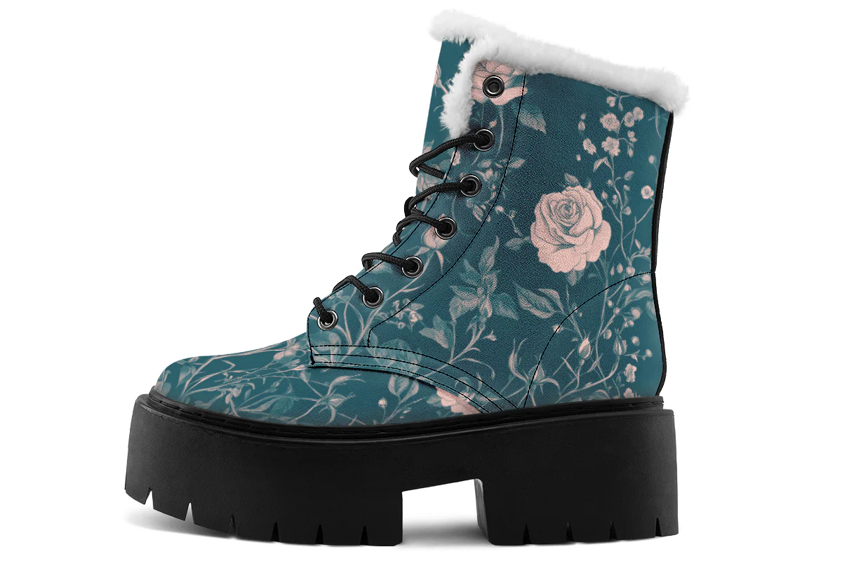 Teal Rose Romance Platform Winter Boots